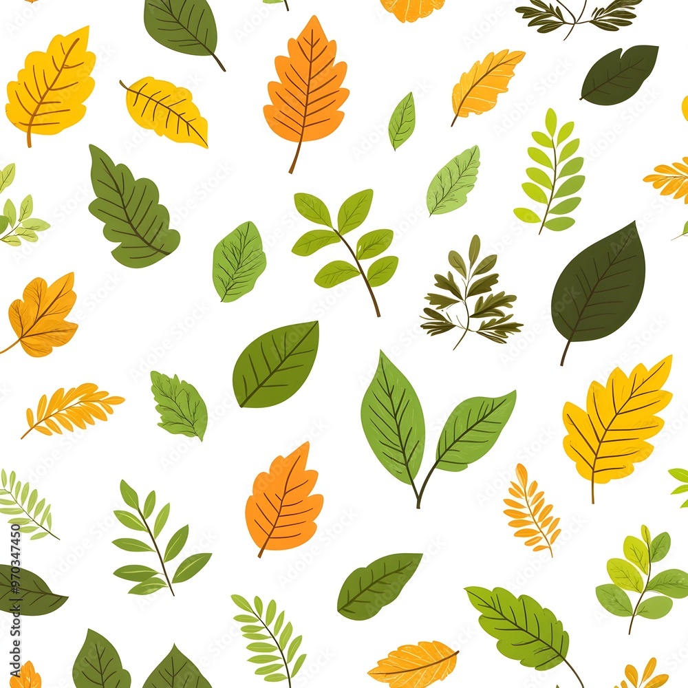 Obraz premium Seamless natural pattern with various fresh and vibrant foliage leaves on white background