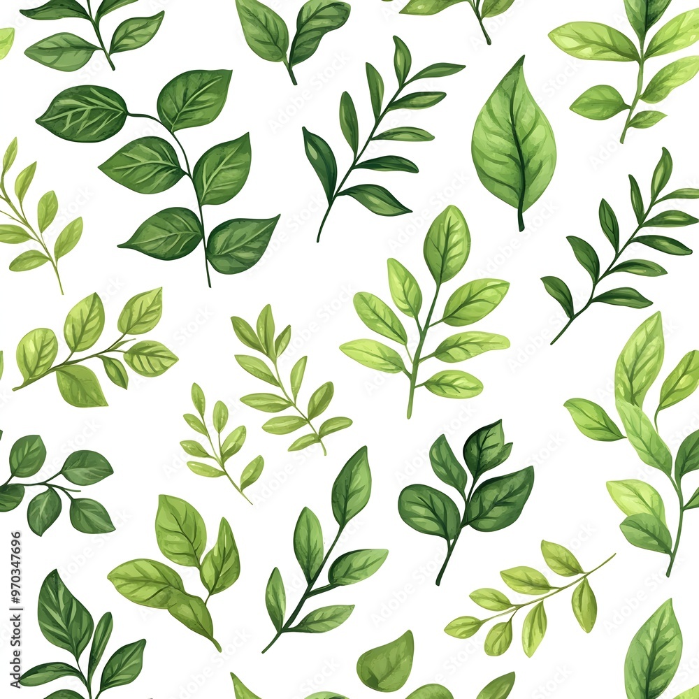 Seamless Natural Pattern with Vibrant Green Leaves on Fresh White Background Seamless Natural Pattern with Vibrant Green Leaves on Fresh White Background