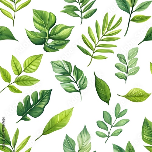 Seamless Repeating Pattern of Fresh and Natural Lush Foliage Leaves on White Background