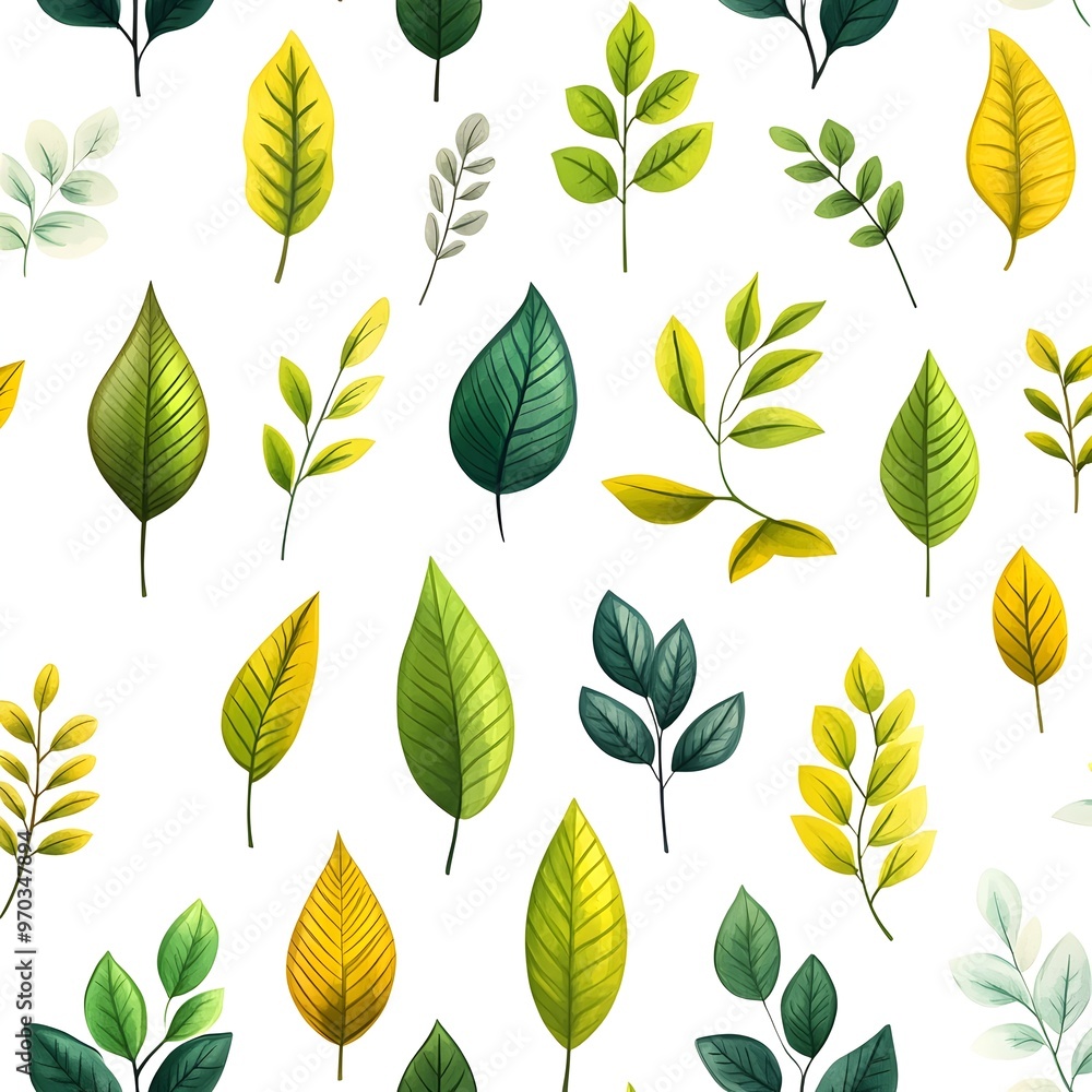 Elegant Seamless Pattern with Fresh and Natural Assortment of Various Green and Yellow Leaves on White Background Elegant Seamless Pattern with Fresh and Natural Assortment of Various Green and Yellow Leaves on White Background