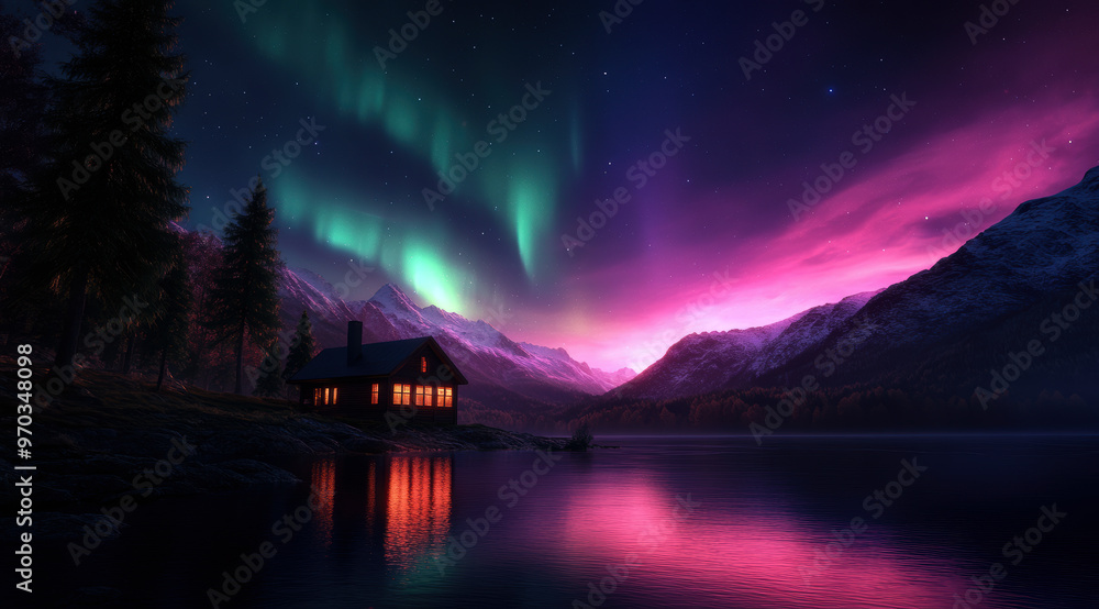 Obraz premium A house is in the foreground of a beautiful, serene landscape