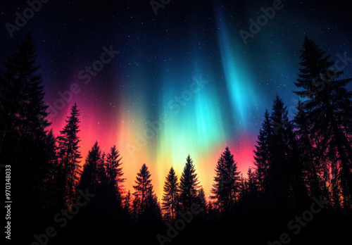 A beautiful night sky with a colorful aurora borealis