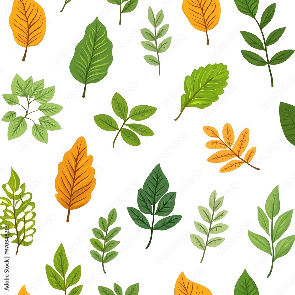 Vibrant and Lush Seamless Pattern with Varied Botanical Leaves on White Background Vibrant and Lush Seamless Pattern with Varied Botanical Leaves on White Background