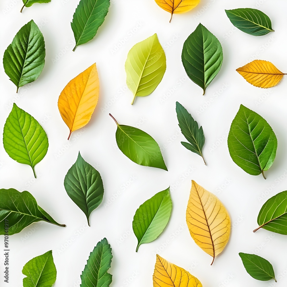 Seamless Pattern of Natural and Fresh Assorted Leaves on White Background Seamless Pattern of Natural and Fresh Assorted Leaves on White Background
