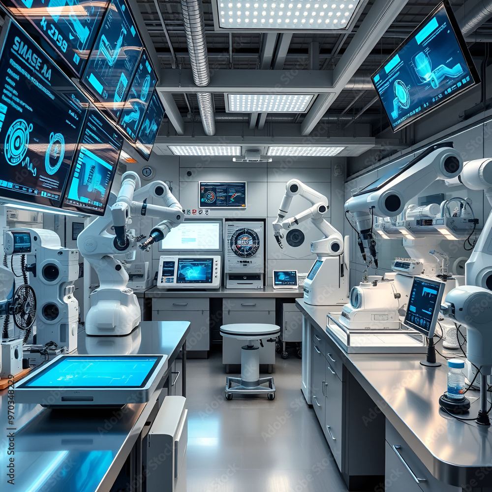 A high-tech laboratory filled with glowing data screens, robotic arms, and futuristic medical devices designed for advanced research. A high-tech laboratory filled with glowing data screens, robotic arms, and futuristic medical devices designed for advanced research.