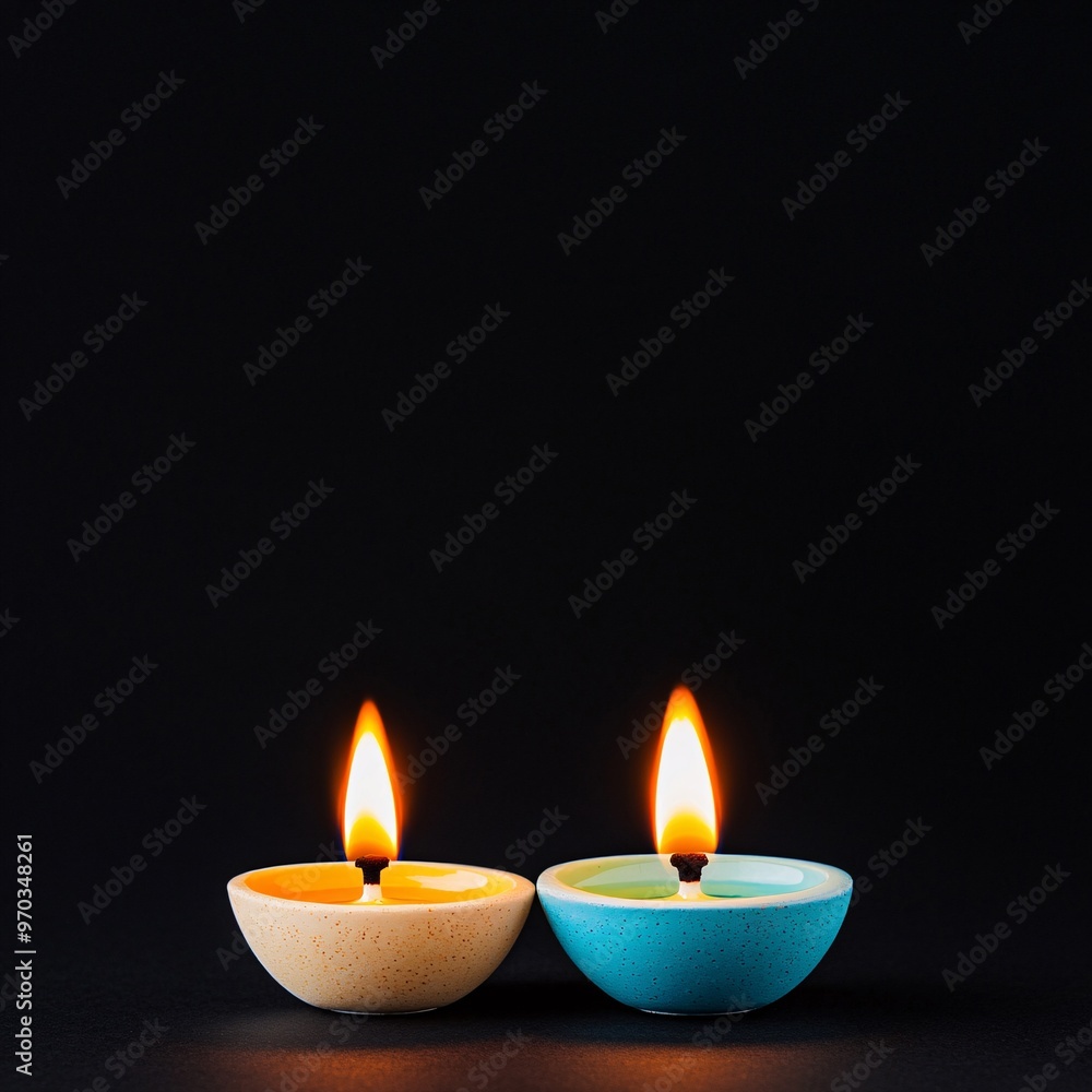 Two lit candles in two different colored bowls on a black background Two lit candles in two different colored bowls on a black background