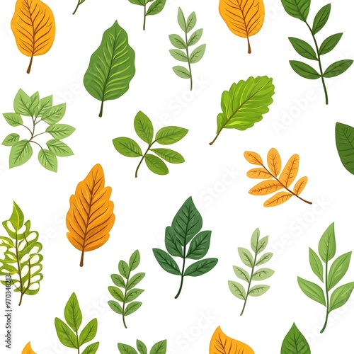 Vibrant and Lush Seamless Pattern with Varied Botanical Leaves on White Background