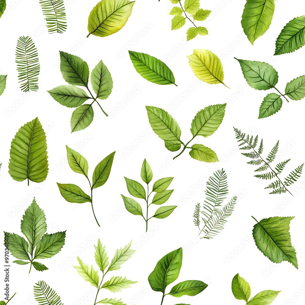 Seamless natural pattern with assorted fresh green leaves on a white background Seamless natural pattern with assorted fresh green leaves on a white background