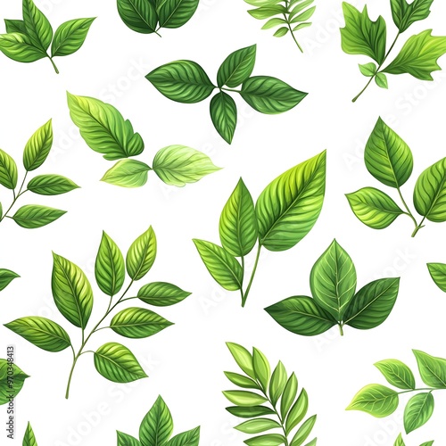 Seamless pattern with various fresh and natural leaves on white background