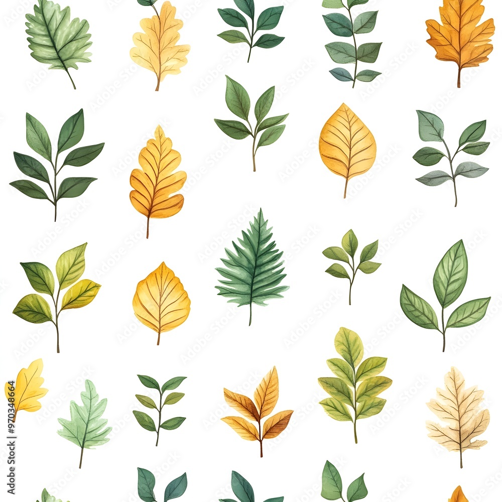 Seamless pattern with various natural and fresh leaves on white background Seamless pattern with various natural and fresh leaves on white background