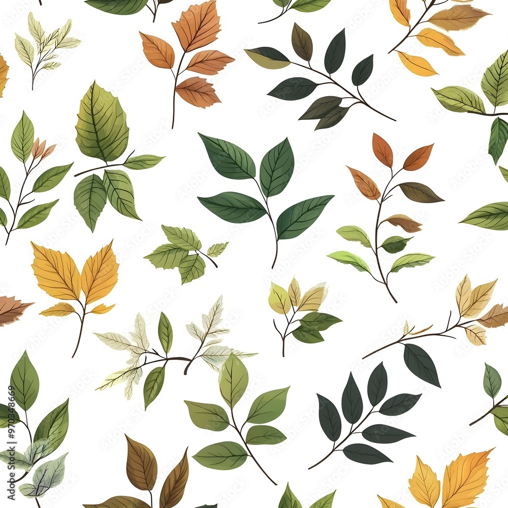 Seamless pattern with vibrant fresh leaves in various natural shapes and hues on white background Seamless pattern with vibrant fresh leaves in various natural shapes and hues on white background