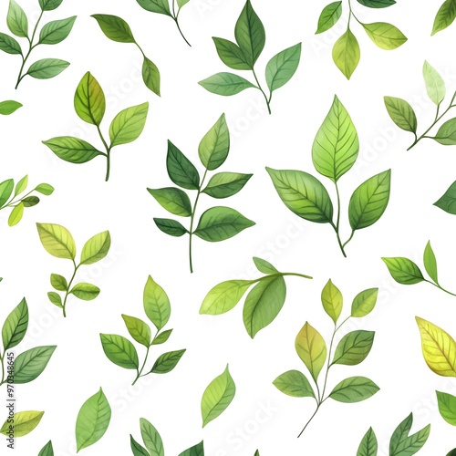 Fresh and Vibrant Seamless Pattern with Natural Botanical Leaves on Pristine White Background