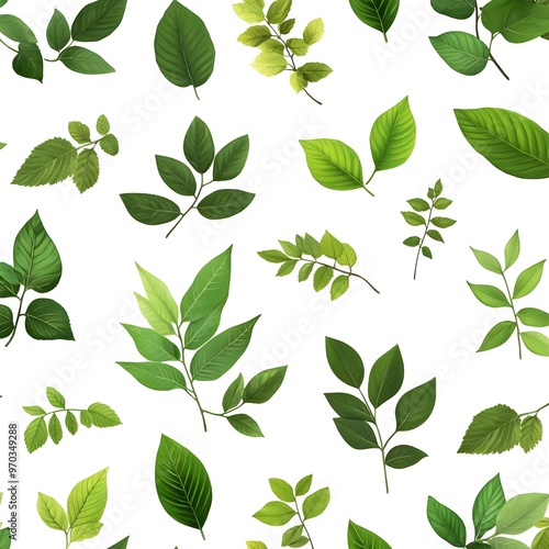 Vibrant Seamless Pattern with Diverse Natural Leaves on Clean White Background