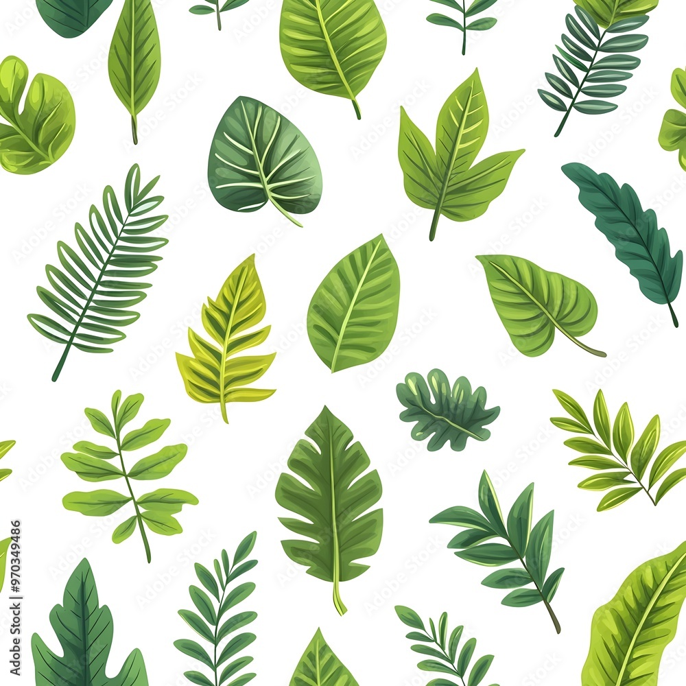 Seamless natural pattern with various fresh and vibrant green leaves on clean white background Seamless natural pattern with various fresh and vibrant green leaves on clean white background