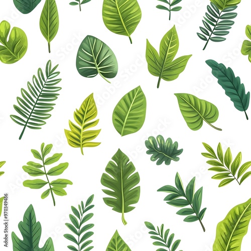 Seamless natural pattern with various fresh and vibrant green leaves on clean white background