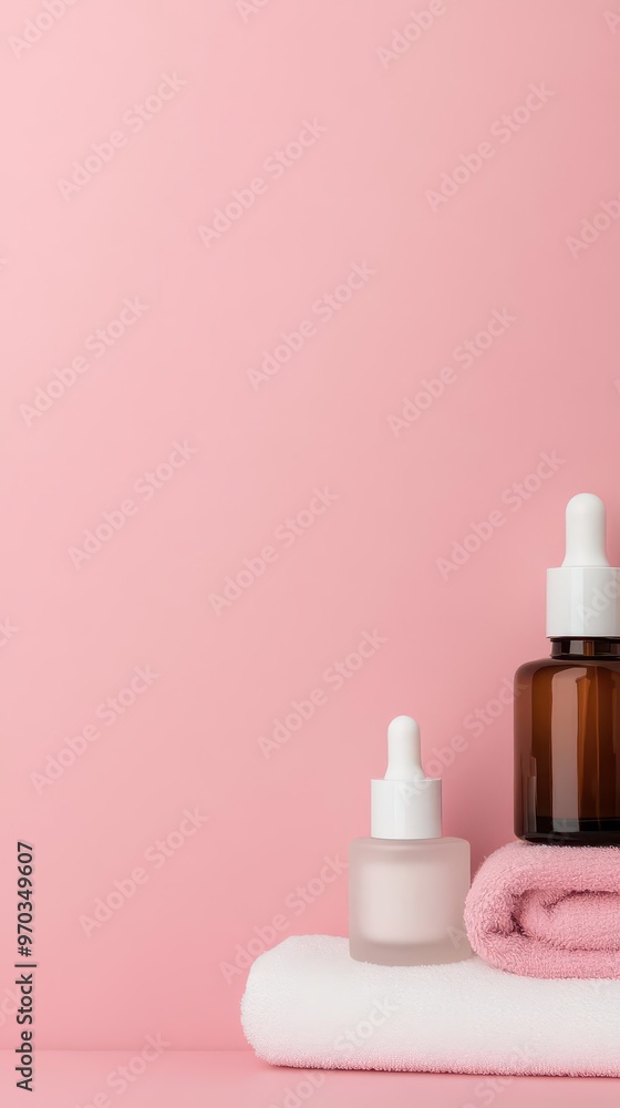 A stylish setup of anti-aging creams and serums with a soft pink background, anti-aging creams, serums, pink A stylish setup of anti-aging creams and serums with a soft pink background, anti-aging creams, serums, pink