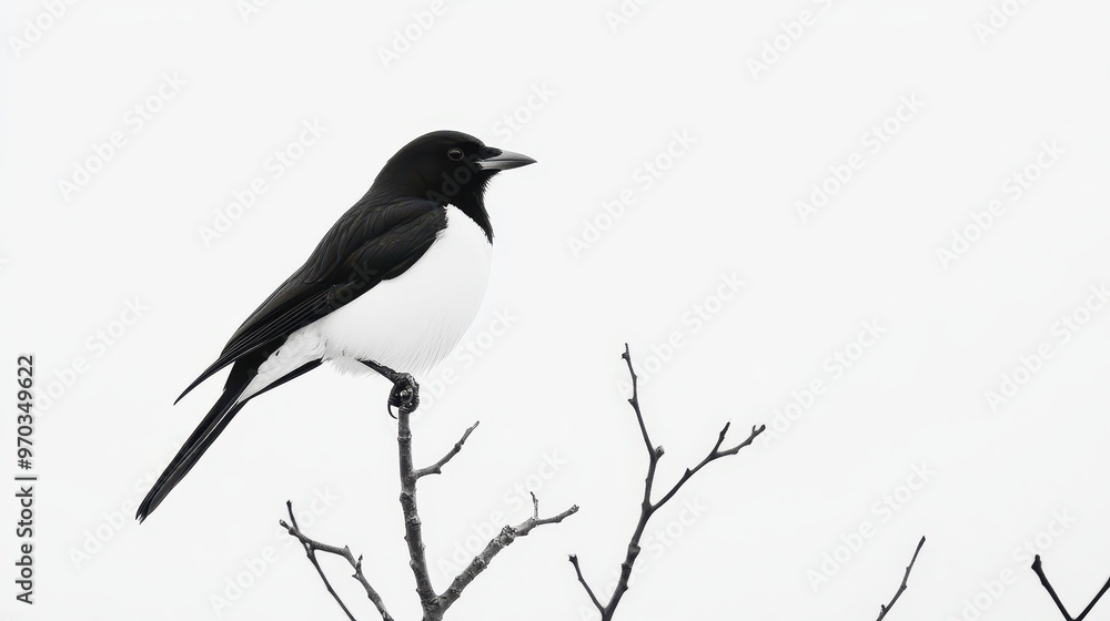 Black and White Bird Perched on Branch Against White Background Black and White Bird Perched on Branch Against White Background