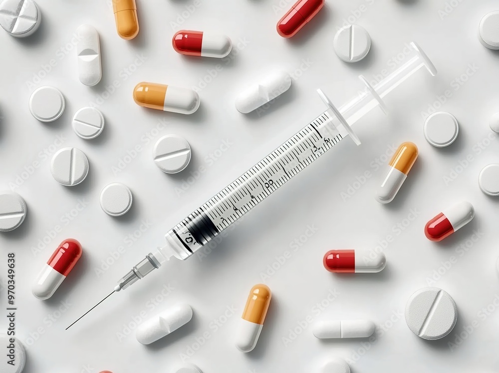 A syringe and pills on a white background A syringe and pills on a white background