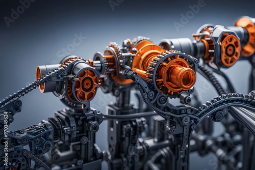 A macro shot of the interior mechanisms of a robotic exoskeleton, highlighting the pistons, gears, and micro-hydraulics photo