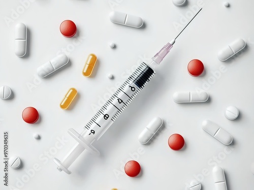 A syringe and pills on a white background