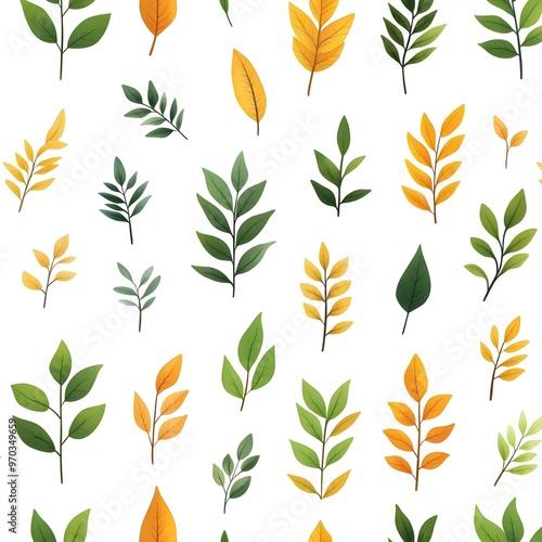 Seamless Pattern of Natural and Fresh Leaves on a Solid White Background