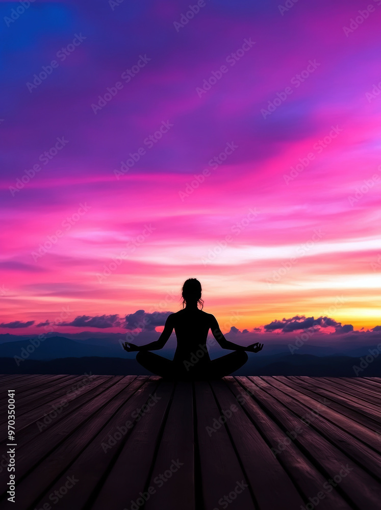 A woman is sitting on a wooden deck, looking out at the sunset A woman is sitting on a wooden deck, looking out at the sunset
