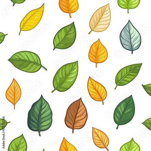 Seamless pattern with natural and fresh various leaves on white background