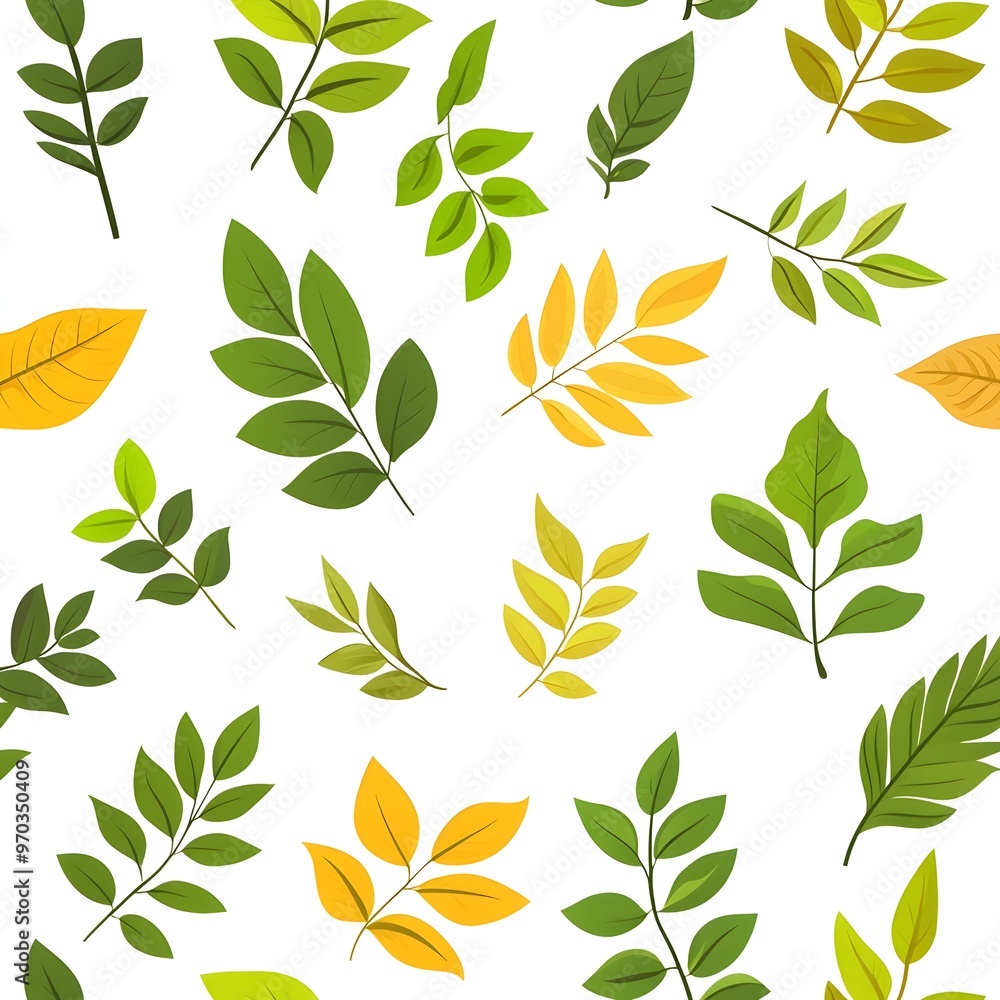 Vibrant seamless pattern with fresh green and yellow leaves on a white background Vibrant seamless pattern with fresh green and yellow leaves on a white background