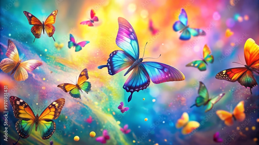 Dainty, iridescent butterflies flutter and twirl in a kaleidoscope of colors against a subtly hued, dreamy backdrop, Dainty, iridescent butterflies flutter and twirl in a kaleidoscope of colors against a subtly hued, dreamy backdrop,