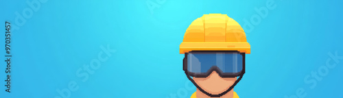 Pixel art of safety goggles and helmet showcases vibrant and playful design. bright yellow helmet and protective goggles emphasize safety in fun way photo