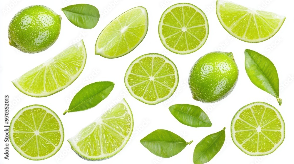 Fresh Green Limes with Leaves Isolated on White Background Fresh Green Limes with Leaves Isolated on White Background