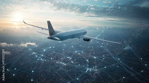 A passenger airplane flies above a city at dusk, with a network of connections visualized around it.