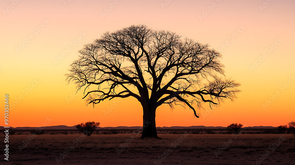The striking silhouette of a boab tree with its thick trunk and bare branches in the barren Australian landscape at sunset The striking silhouette of a boab tree with its thick trunk and bare branches in the barren Australian landscape at sunset