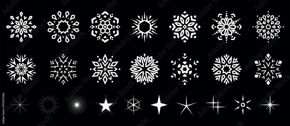 Snowflakes icon collection. Graphic modern black and white ornament. Snowflakes icon collection. Graphic modern black and white ornament.