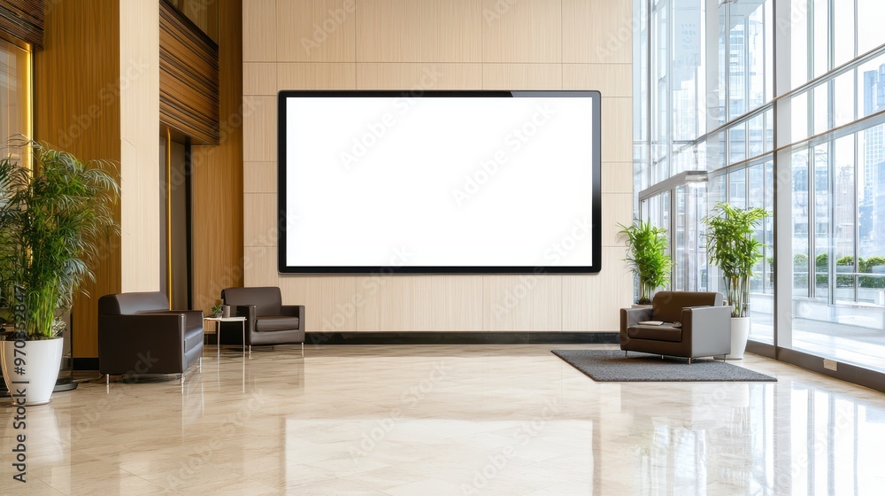 Modern Lobby Interior with Blank Screen and Seating Modern Lobby Interior with Blank Screen and Seating