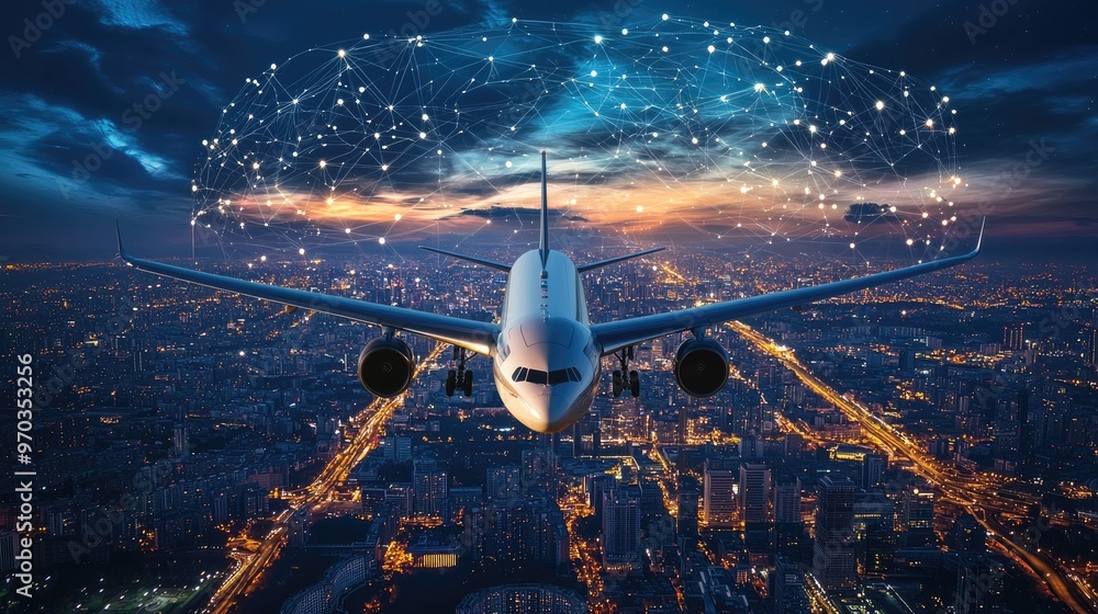 Obraz premium Airplane flying over a cityscape at night with a network of connected dots above.
