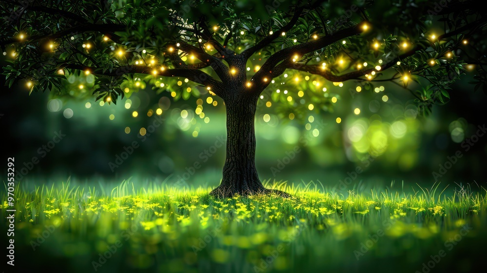 A serene tree adorned with glowing lights, surrounded by lush grass and flowers, creating a magical atmosphere. A serene tree adorned with glowing lights, surrounded by lush grass and flowers, creating a magical atmosphere.