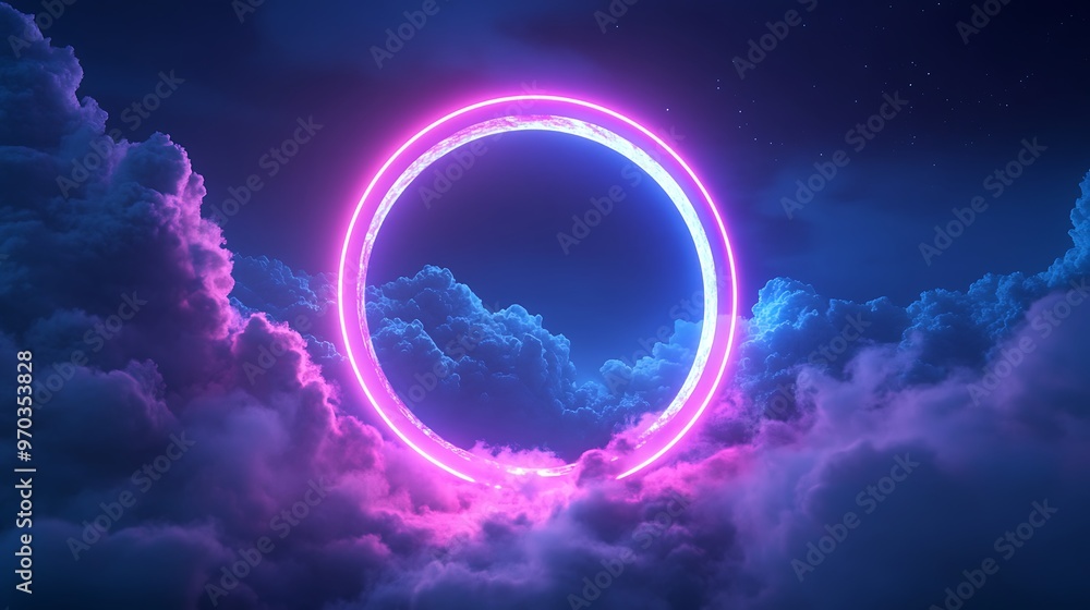 A vibrant pink neon ring hovers above a bed of fluffy clouds against a dark blue night sky with scattered stars. A vibrant pink neon ring hovers above a bed of fluffy clouds against a dark blue night sky with scattered stars.