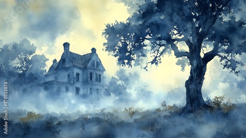 Wallpaper Mural Old house teetering on the brink of collapse, massive tree trunks leaning against it, foggy atmosphere, moody lighting, Gothic style, watercolor Torontodigital.ca