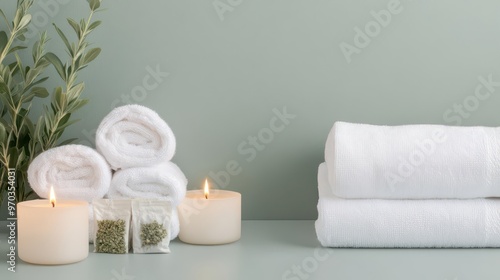 A soft and serene spa setup with white towels, herbal sachets, and candles, white towels, herbal sachets, candles