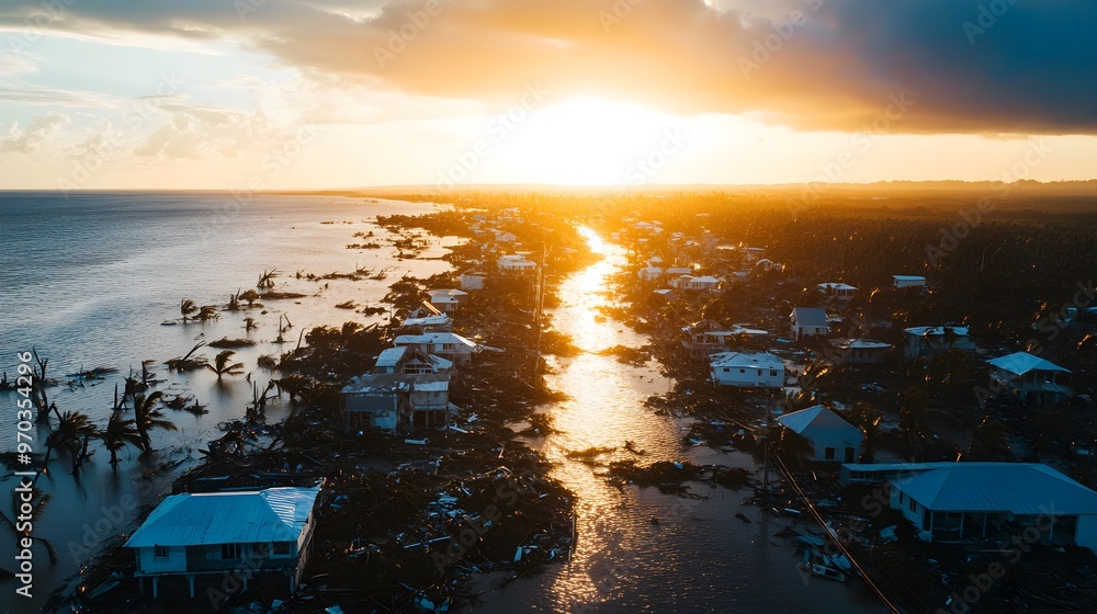 Fototapeta premium Overhead shot of a coastal town devastated by a hurricane, with collapsed houses, uprooted trees, and flooded streets, highlighting the power of nature's fury