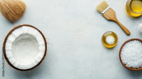 A tropical spa vibe with coconut oil, sea salt, and a wooden brush, coconut oil, sea salt, brush