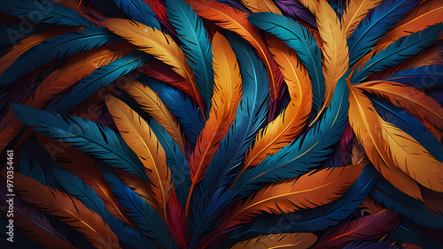 Abstract composition of vibrant, colorful feathers arranged in a circular motion