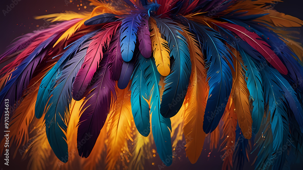 Obraz premium Abstract composition of vibrant, colorful feathers arranged in a circular motion