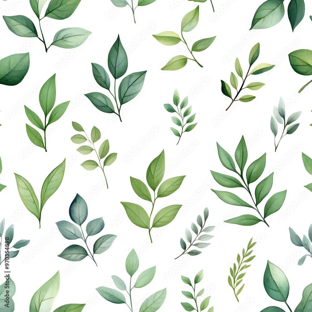 Fototapeta premium Seamless Pattern with Various Fresh and Natural Leaves on White Background