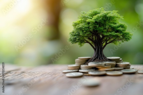 Economic growth, saving money and business ideas concept, The trees is growing on the pile of coins on wooden table, Financial or money growing , ai