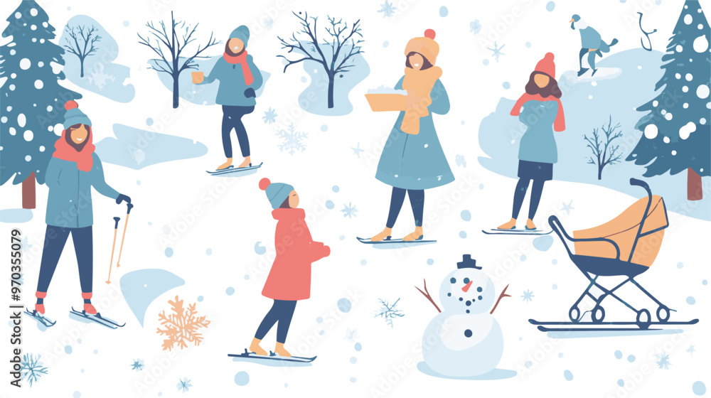 Set of various people having fun at winter. Flat vector illustrations of family making snowman, woman skiing, standing with pram. Winter leisure concept for banner, Set of various people having fun at winter. Flat vector illustrations of family making snowman, woman skiing, standing with pram. Winter leisure concept for banner,