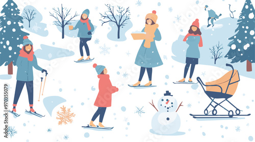 Set of various people having fun at winter. Flat vector illustrations of family making snowman, woman skiing, standing with pram. Winter leisure concept for banner,