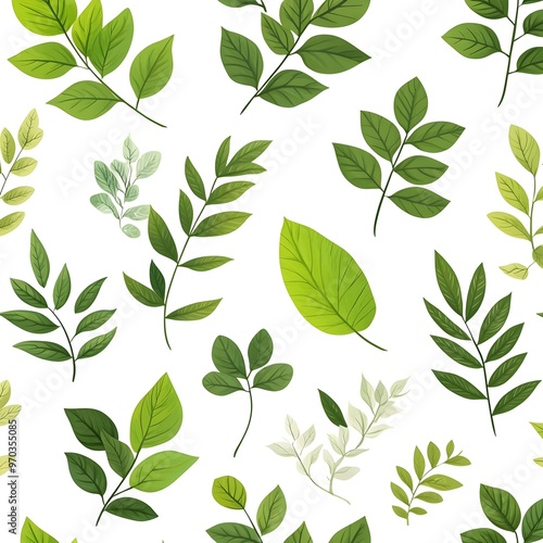 Seamless pattern of fresh green leaves on white background showcasing natural beauty and sustainability