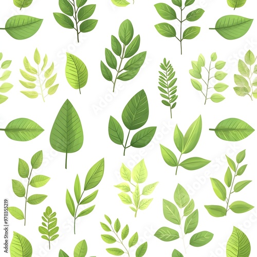 Seamless Pattern of Fresh and Vibrant Natural Leaves on White Background